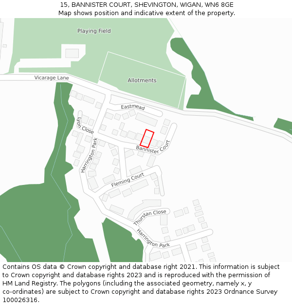 15, BANNISTER COURT, SHEVINGTON, WIGAN, WN6 8GE: Location map and indicative extent of plot