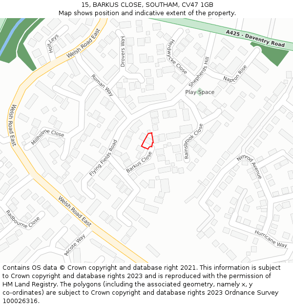 15, BARKUS CLOSE, SOUTHAM, CV47 1GB: Location map and indicative extent of plot