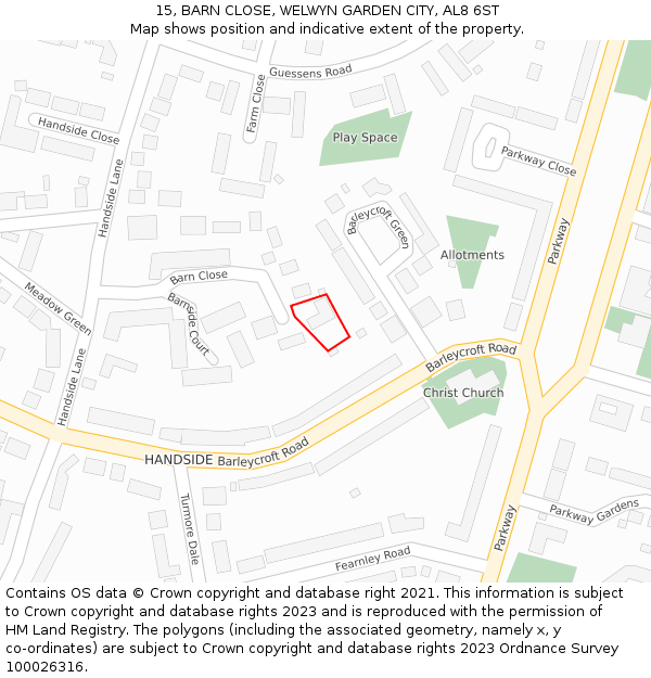 15, BARN CLOSE, WELWYN GARDEN CITY, AL8 6ST: Location map and indicative extent of plot