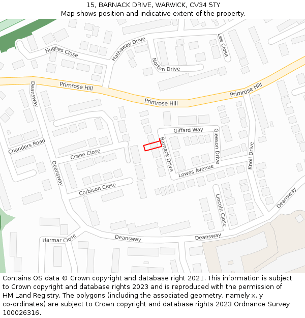 15, BARNACK DRIVE, WARWICK, CV34 5TY: Location map and indicative extent of plot