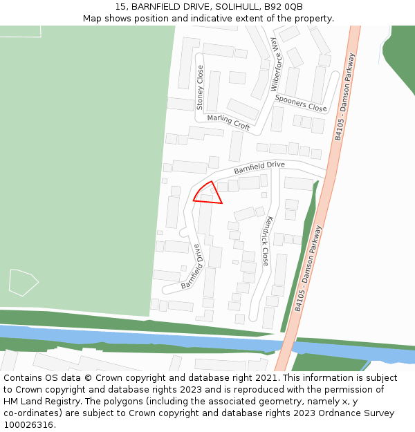 15, BARNFIELD DRIVE, SOLIHULL, B92 0QB: Location map and indicative extent of plot