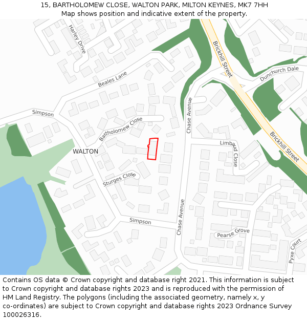 15, BARTHOLOMEW CLOSE, WALTON PARK, MILTON KEYNES, MK7 7HH: Location map and indicative extent of plot