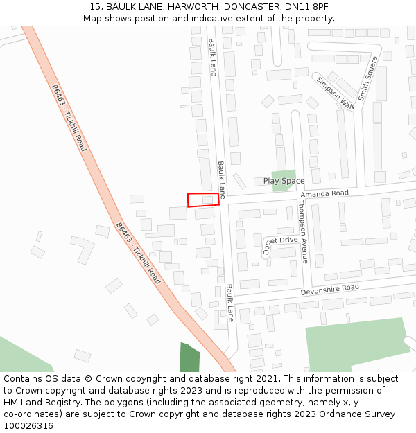15, BAULK LANE, HARWORTH, DONCASTER, DN11 8PF: Location map and indicative extent of plot