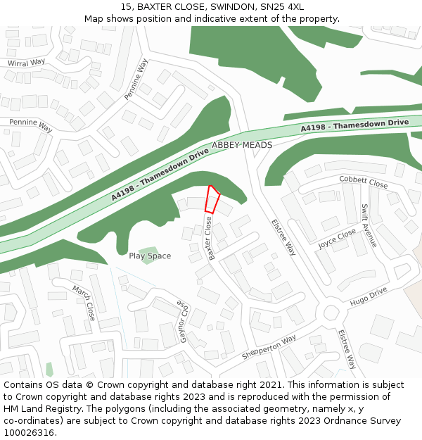 15, BAXTER CLOSE, SWINDON, SN25 4XL: Location map and indicative extent of plot