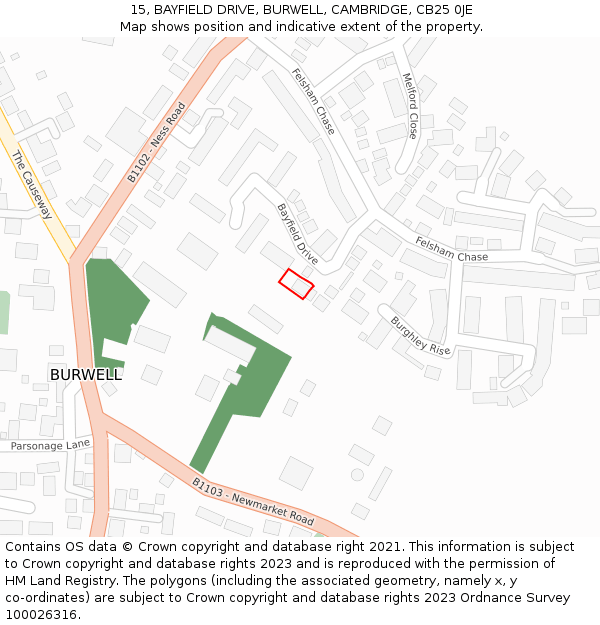 15, BAYFIELD DRIVE, BURWELL, CAMBRIDGE, CB25 0JE: Location map and indicative extent of plot