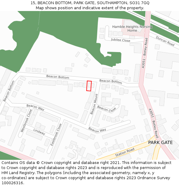 15, BEACON BOTTOM, PARK GATE, SOUTHAMPTON, SO31 7GQ: Location map and indicative extent of plot