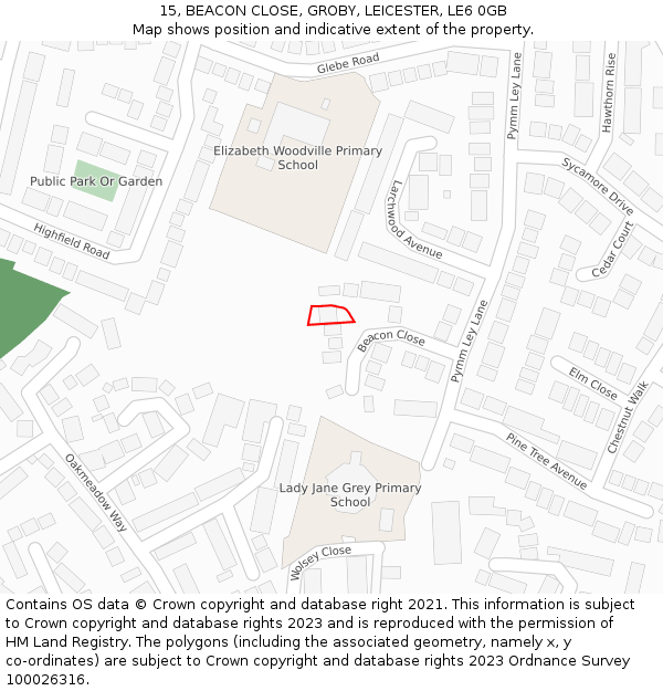 15, BEACON CLOSE, GROBY, LEICESTER, LE6 0GB: Location map and indicative extent of plot