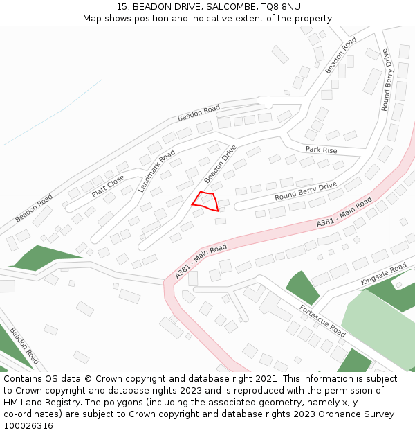 15, BEADON DRIVE, SALCOMBE, TQ8 8NU: Location map and indicative extent of plot