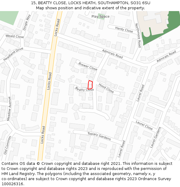 15, BEATTY CLOSE, LOCKS HEATH, SOUTHAMPTON, SO31 6SU: Location map and indicative extent of plot