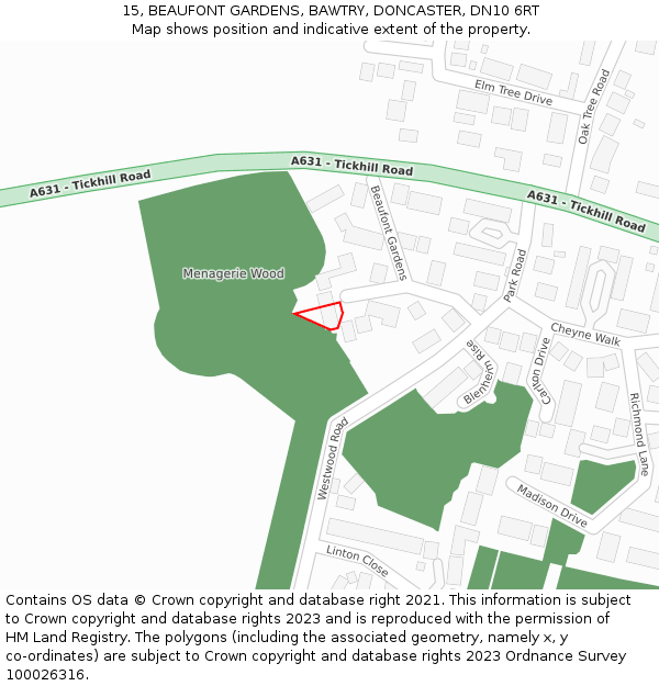 15, BEAUFONT GARDENS, BAWTRY, DONCASTER, DN10 6RT: Location map and indicative extent of plot