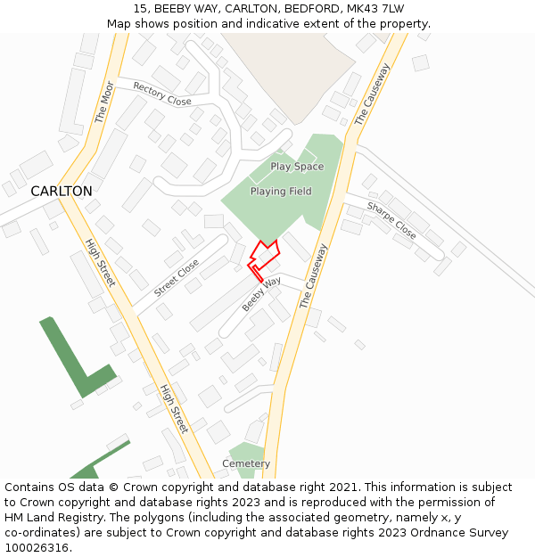 15, BEEBY WAY, CARLTON, BEDFORD, MK43 7LW: Location map and indicative extent of plot