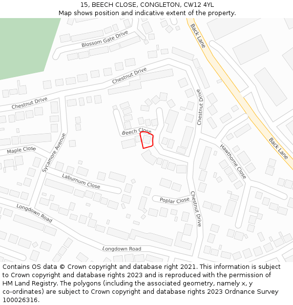 15, BEECH CLOSE, CONGLETON, CW12 4YL: Location map and indicative extent of plot