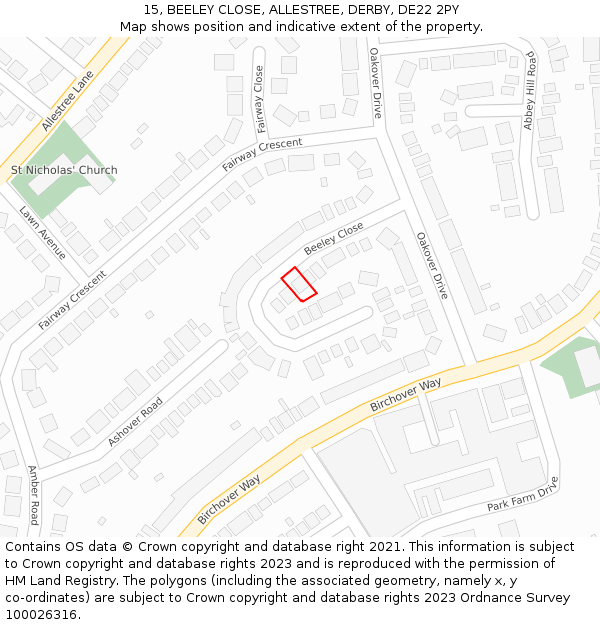 15, BEELEY CLOSE, ALLESTREE, DERBY, DE22 2PY: Location map and indicative extent of plot