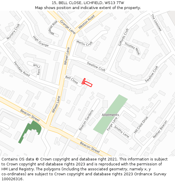 15, BELL CLOSE, LICHFIELD, WS13 7TW: Location map and indicative extent of plot