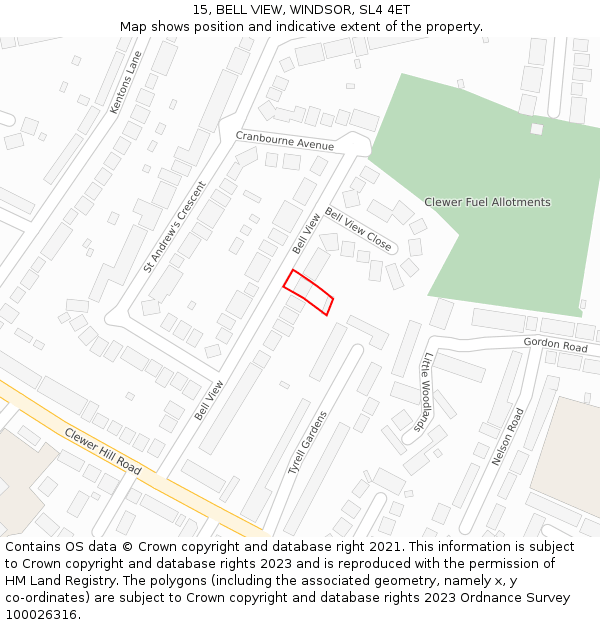 15, BELL VIEW, WINDSOR, SL4 4ET: Location map and indicative extent of plot