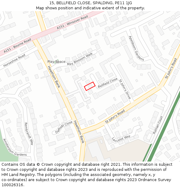 15, BELLFIELD CLOSE, SPALDING, PE11 1JG: Location map and indicative extent of plot