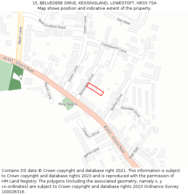15, BELVEDERE DRIVE, KESSINGLAND, LOWESTOFT, NR33 7SA: Location map and indicative extent of plot