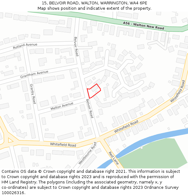 15, BELVOIR ROAD, WALTON, WARRINGTON, WA4 6PE: Location map and indicative extent of plot