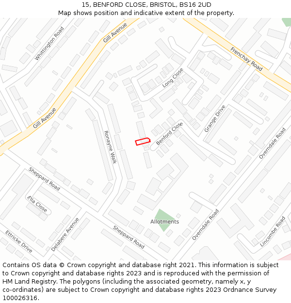 15, BENFORD CLOSE, BRISTOL, BS16 2UD: Location map and indicative extent of plot