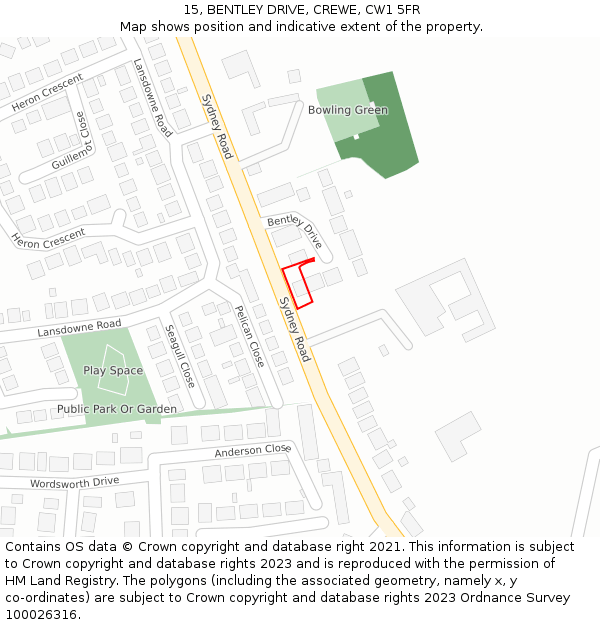 15, BENTLEY DRIVE, CREWE, CW1 5FR: Location map and indicative extent of plot