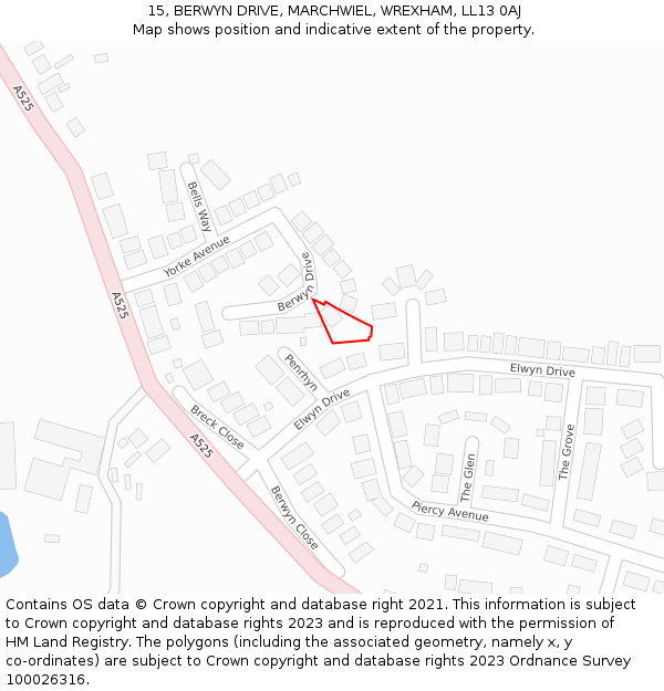15, BERWYN DRIVE, MARCHWIEL, WREXHAM, LL13 0AJ: Location map and indicative extent of plot