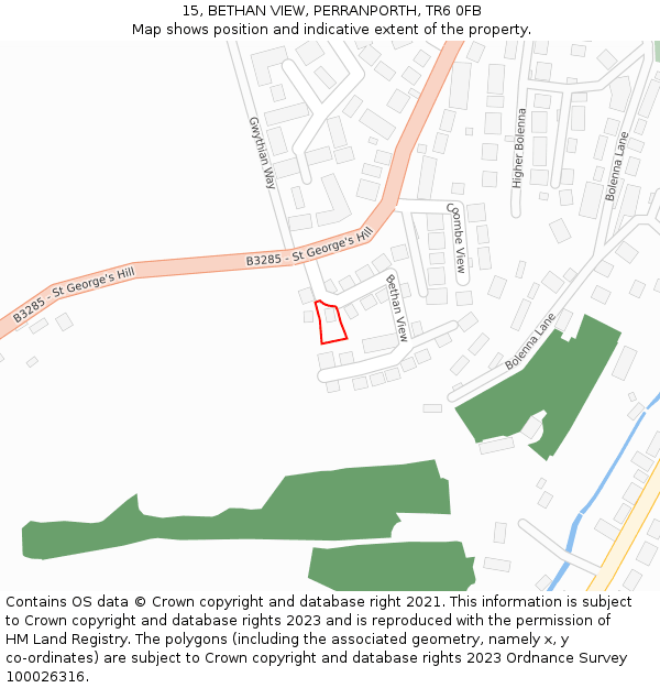 15, BETHAN VIEW, PERRANPORTH, TR6 0FB: Location map and indicative extent of plot