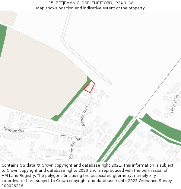 15, BETJEMAN CLOSE, THETFORD, IP24 1HW: Location map and indicative extent of plot