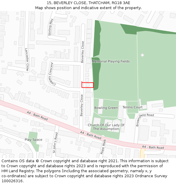 15, BEVERLEY CLOSE, THATCHAM, RG18 3AE: Location map and indicative extent of plot