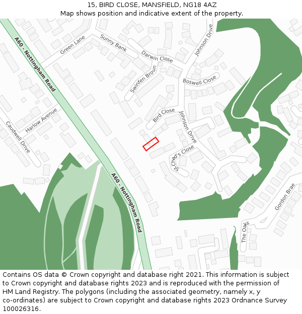 15, BIRD CLOSE, MANSFIELD, NG18 4AZ: Location map and indicative extent of plot