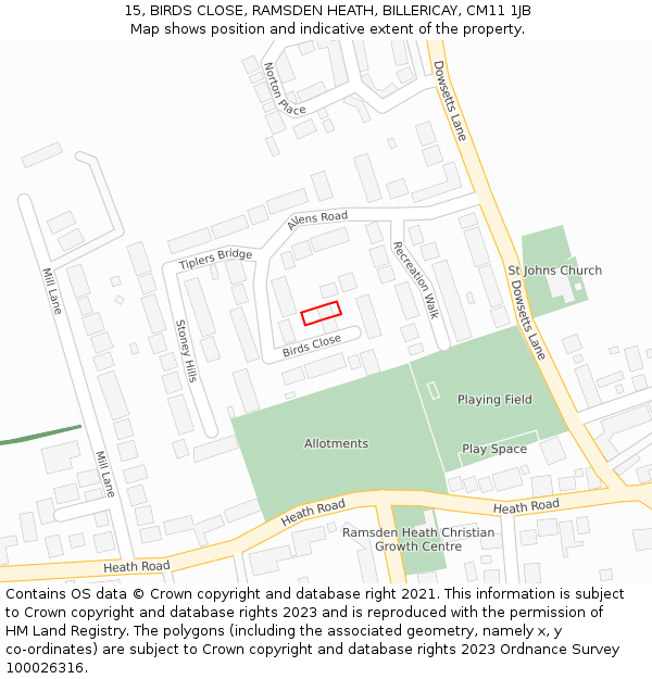 15, BIRDS CLOSE, RAMSDEN HEATH, BILLERICAY, CM11 1JB: Location map and indicative extent of plot
