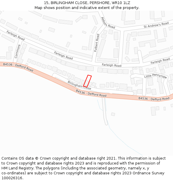 15, BIRLINGHAM CLOSE, PERSHORE, WR10 1LZ: Location map and indicative extent of plot