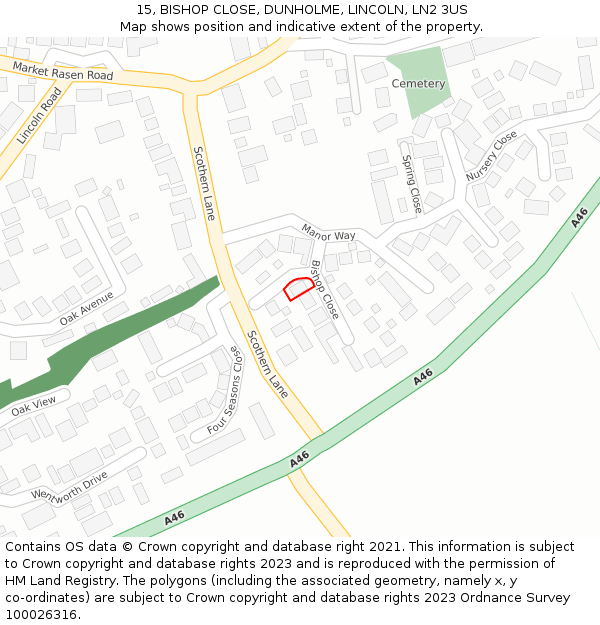 15, BISHOP CLOSE, DUNHOLME, LINCOLN, LN2 3US: Location map and indicative extent of plot