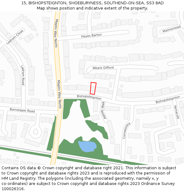 15, BISHOPSTEIGNTON, SHOEBURYNESS, SOUTHEND-ON-SEA, SS3 8AD: Location map and indicative extent of plot