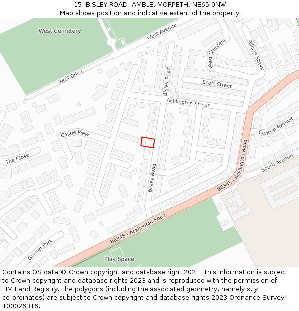 15, BISLEY ROAD, AMBLE, MORPETH, NE65 0NW: Location map and indicative extent of plot