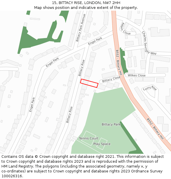 15, BITTACY RISE, LONDON, NW7 2HH: Location map and indicative extent of plot