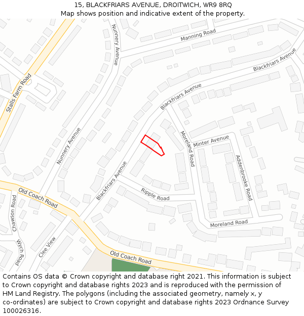 15, BLACKFRIARS AVENUE, DROITWICH, WR9 8RQ: Location map and indicative extent of plot