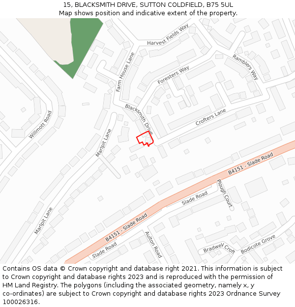 15, BLACKSMITH DRIVE, SUTTON COLDFIELD, B75 5UL: Location map and indicative extent of plot