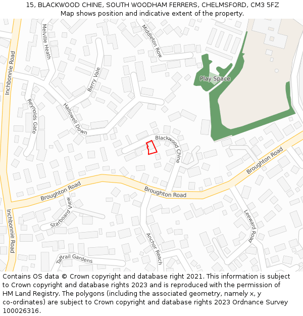 15, BLACKWOOD CHINE, SOUTH WOODHAM FERRERS, CHELMSFORD, CM3 5FZ: Location map and indicative extent of plot