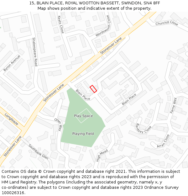 15, BLAIN PLACE, ROYAL WOOTTON BASSETT, SWINDON, SN4 8FF: Location map and indicative extent of plot