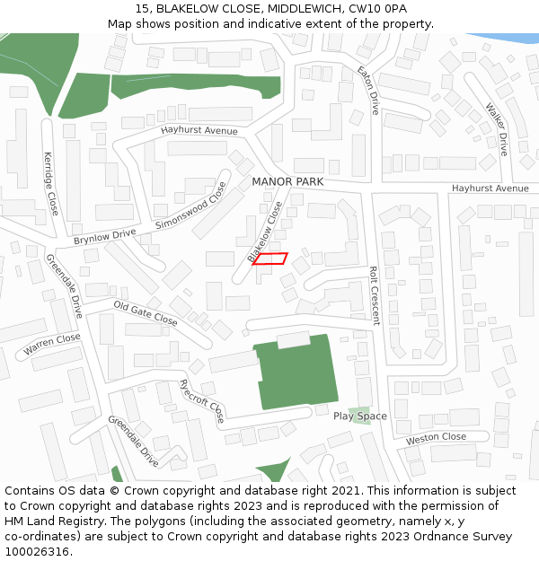 15, BLAKELOW CLOSE, MIDDLEWICH, CW10 0PA: Location map and indicative extent of plot