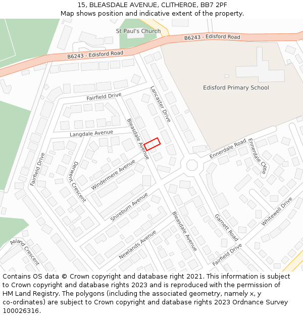 15, BLEASDALE AVENUE, CLITHEROE, BB7 2PF: Location map and indicative extent of plot