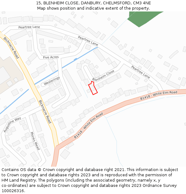 15, BLENHEIM CLOSE, DANBURY, CHELMSFORD, CM3 4NE: Location map and indicative extent of plot