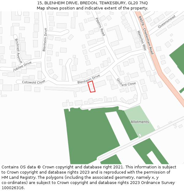 15, BLENHEIM DRIVE, BREDON, TEWKESBURY, GL20 7NQ: Location map and indicative extent of plot