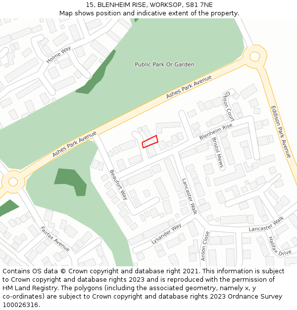 15, BLENHEIM RISE, WORKSOP, S81 7NE: Location map and indicative extent of plot