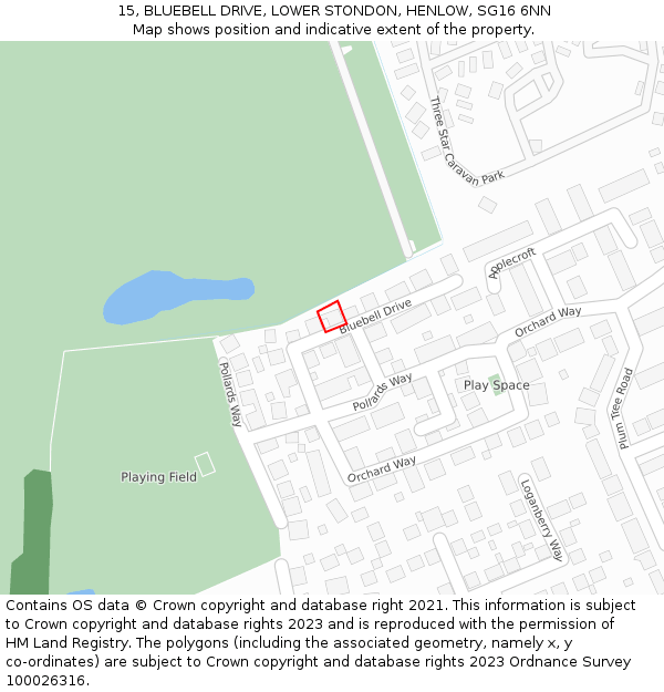 15, BLUEBELL DRIVE, LOWER STONDON, HENLOW, SG16 6NN: Location map and indicative extent of plot