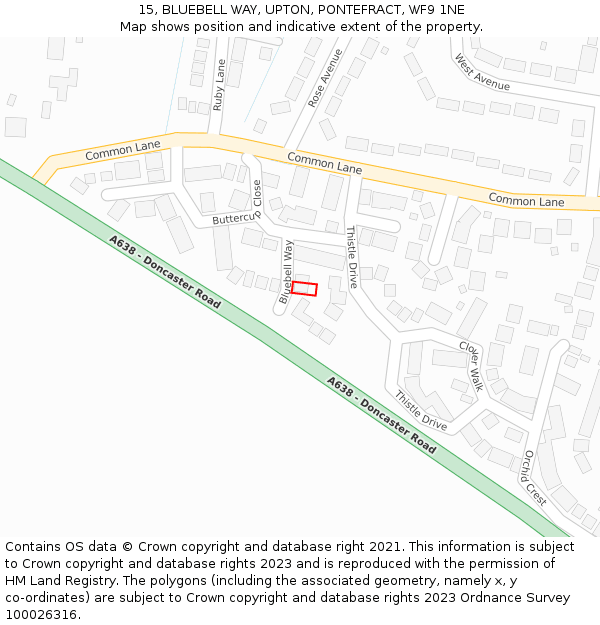 15, BLUEBELL WAY, UPTON, PONTEFRACT, WF9 1NE: Location map and indicative extent of plot