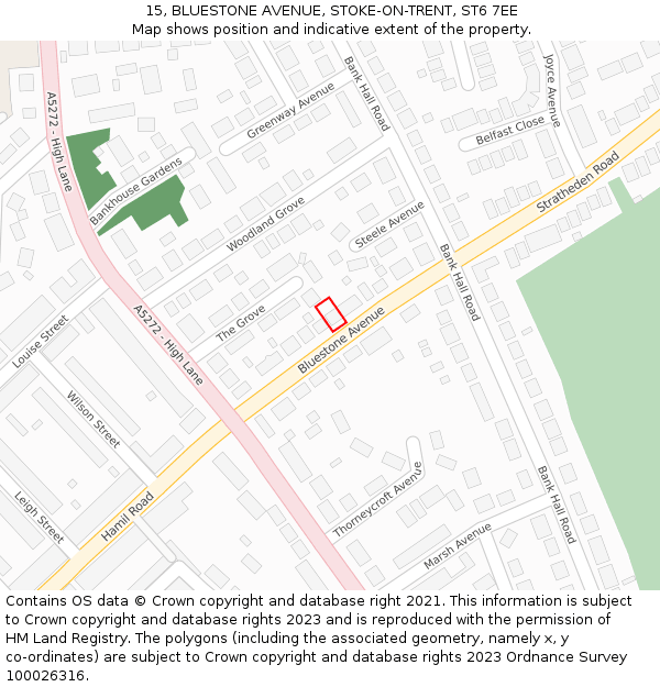 15, BLUESTONE AVENUE, STOKE-ON-TRENT, ST6 7EE: Location map and indicative extent of plot