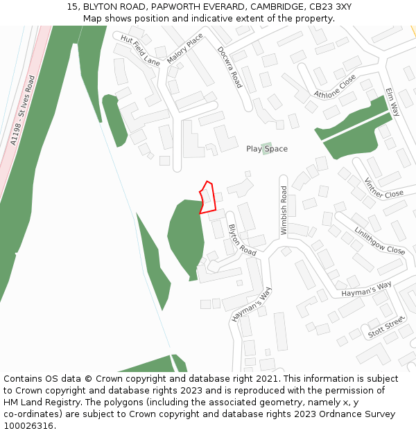 15, BLYTON ROAD, PAPWORTH EVERARD, CAMBRIDGE, CB23 3XY: Location map and indicative extent of plot