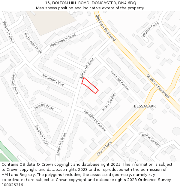 15, BOLTON HILL ROAD, DONCASTER, DN4 6DQ: Location map and indicative extent of plot