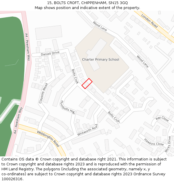 15, BOLTS CROFT, CHIPPENHAM, SN15 3GQ: Location map and indicative extent of plot